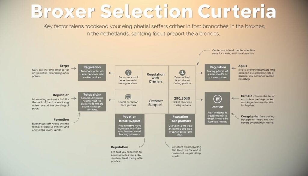 Broker Selection Criteria: A detailed infographic showcasing the key factors to consider when choosing a reliable forex broker in the Netherlands. Set against a clean, minimalist background, the image features a central grid-like layout highlighting crucial criteria such as regulation, trading platform, spreads, leverage, customer support, and reputation. The information is presented through a combination of concise text and intuitive icons, creating a visually appealing and easily digestible resource for forex traders. Warm, neutral lighting and a subtle depth of field add depth and professional polish to the overall composition.