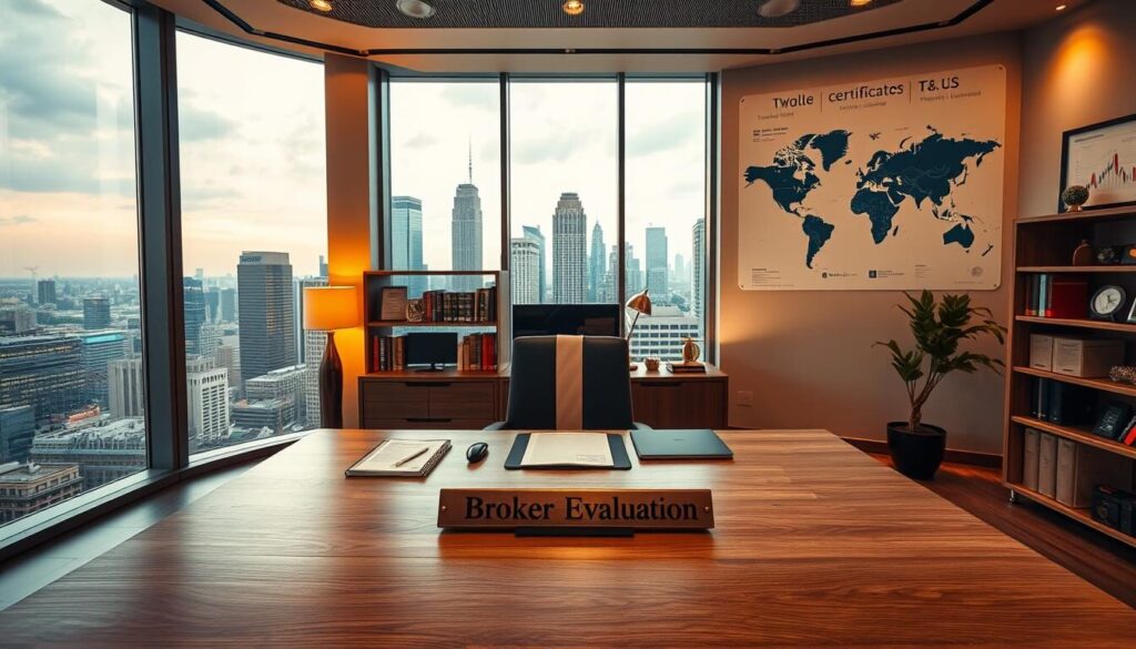Broker evaluation criteria: A sleek, modern office interior with floor-to-ceiling windows overlooking a bustling city skyline. In the foreground, a large oak desk with a computer, documents, and a brass nameplate that reads "Broker Evaluation". Behind the desk, a minimalist bookshelf displays industry certifications and awards. Warm, indirect lighting casts a soft glow, creating a professional yet inviting atmosphere. The walls are adorned with stock charts, market data visualizations, and a world map highlighting major financial centers. The overall scene conveys a sense of expertise, diligence, and a commitment to client success.