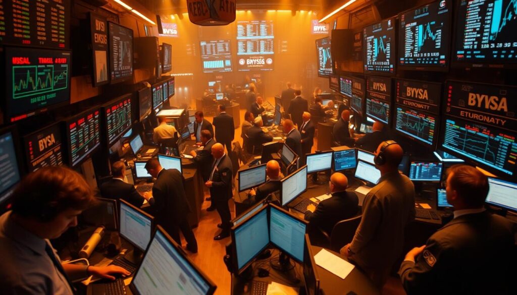 Bustling currency market trading floor, with brokers and traders engrossed in real-time data and analytics on multiple screens. Warm incandescent lighting casts a golden glow over the scene, accentuating the intensity and focus of the participants. The camera angle is elevated, offering a bird's-eye view of the dynamic, fast-paced environment. The background is hazy, blurred, emphasizing the foreground action. Subtle reflections on the polished surfaces add depth and a sense of movement. The overall atmosphere conveys the high-stakes, time-sensitive nature of foreign exchange trading.