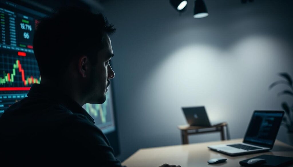 Conceptual image depicting the juxtaposition of leveraged and non-leveraged trading. In the foreground, a trader gazes intently at a digital display, surrounded by dynamic charts and graphs. The background contrasts sharply, with a minimalist setup representing non-leveraged trading - a single laptop, a simple interface, and a tranquil atmosphere. The scene is illuminated by a dramatic lighting setup, creating a sense of tension and anticipation. The overall mood is one of thoughtful contemplation, inviting the viewer to consider the nuances and implications of these two distinct trading approaches.