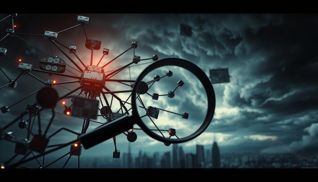 Counterparty risk forex: A high-contrast, cinematic image depicting the complex interconnections and potential vulnerabilities in the forex market. Foreground shows a network of currencies, trading platforms, and financial institutions, rendered in sleek metallic tones and dramatic chiaroscuro lighting. Middle ground features a magnifying glass scrutinizing the connections, symbolizing the need for close risk monitoring. Background has an ominous, storm-swept sky with swirling clouds, hinting at the inherent volatility and unpredictability of the forex landscape. The overall mood is one of tension, caution, and the gravity of managing counterparty credit risks.