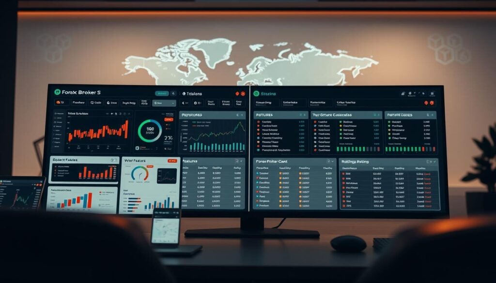 Detailed comparison of forex broker tools in sleek, modern interface. Foreground shows various dashboard widgets, analytics charts, and customizable panels. Middle ground features side-by-side comparison of broker features, fees, and ratings. Background has subtle world map, fluctuating currency symbols, and elegant hexagonal grid pattern. Warm lighting creates a professional, trustworthy atmosphere. Crisp, high-resolution photography with shallow depth of field, emphasizing the functionality and user-friendliness of the broker comparison tools.