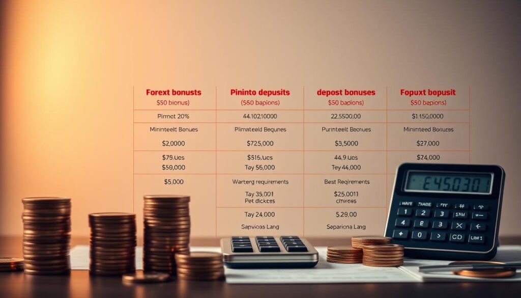 Detailed comparison of various forex broker deposit bonuses against a clean, professional background. Foreground features stacks of coins, financial charts, and calculator. Middle ground showcases different bonus percentages, minimum deposits, and wagering requirements. Background has a muted, elegant color palette with subtle geometric patterns. Warm, directional lighting from the left side creates depth and highlights key elements. The overall scene conveys a sense of informed financial decision-making in the forex trading space.
