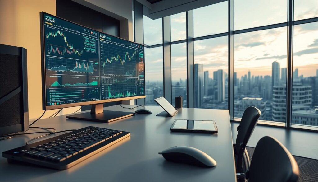 Detailed forex trading technologies in a sleek, modern setting. A large, high-resolution display showcases dynamic market data, charts, and analytics. In the foreground, a keyboard and mouse sit on a minimalist desk, with a high-end computer tower nearby. Soft, directional lighting illuminates the scene, casting subtle shadows. The middle ground features various input devices such as a tablet and digital pen, reflecting the importance of advanced trading tools. In the background, a panoramic city skyline can be seen through large windows, emphasizing the global nature of the forex market. An atmosphere of focus, efficiency, and technological sophistication pervades the image.