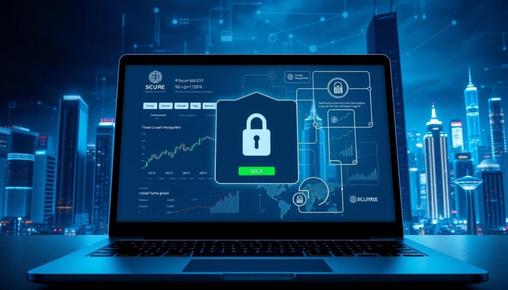 Detailed illustration of a secure forex account setup. In the foreground, a minimalist laptop screen displays a finance dashboard with charts and statistics. The middle ground showcases secured login protocols, biometric authentication, and encrypted data transmission. In the background, a futuristic cityscape with skyscrapers and digital networks symbolizes the global reach of the secure forex trading platform. Bright, clean lighting accentuates the high-tech, trustworthy atmosphere. Captured with a wide-angle lens to convey a sense of sophistication and reliability.