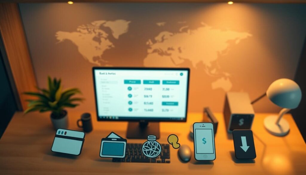 Detailed overhead shot of a modern banking workspace, with a sleek and minimalist aesthetic. In the foreground, various payment method icons are prominently displayed - credit cards, digital wallets, bank transfers, and mobile payment apps. The middle ground showcases a desktop computer screen displaying deposit and withdrawal options, with clean UI design. In the background, a stylized world map or globe subtly hints at the global accessibility of the financial services. Warm, soft lighting creates a professional and trustworthy atmosphere, while the camera angle implies a sense of reliability and stability.