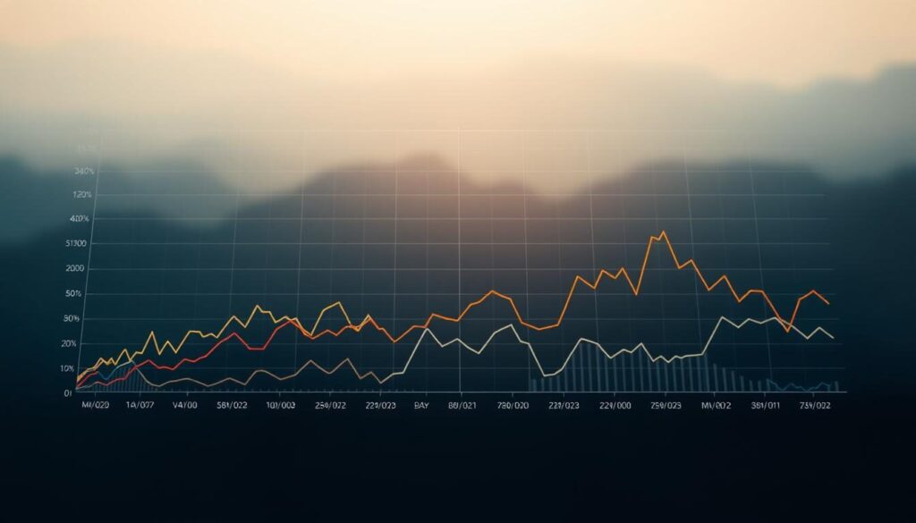 Detailed performance graph showcasing the trading styles in an Easy Markets portfolio, captured with a high-resolution, wide-angle lens in soft, natural lighting. The foreground depicts the performance lines of various trading strategies - momentum, value, trend-following, and others - in a sleek, minimalist data visualization. The middle ground features a subtle background grid and axis labels, guiding the viewer's eye. The background exudes a tranquil, professional atmosphere with muted tones, suggesting the reliable and analytical nature of the content.