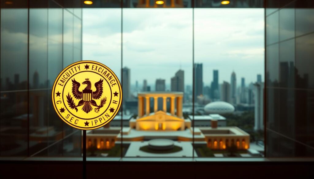 Detailed regulatory landscape of the Securities and Exchange Commission of the Philippines, framed against a sleek, modern backdrop. In the foreground, a stylized SEC insignia illuminated by warm, directional lighting, conveying a sense of authority and professionalism. The middle ground features a series of architectural elements, such as columns and facades, symbolizing the various regulatory frameworks overseen by the SEC. The background showcases a cityscape skyline, hinting at the broader economic context in which the SEC operates. The overall composition strikes a balance between formal, institutional elements and a dynamic, forward-looking atmosphere.