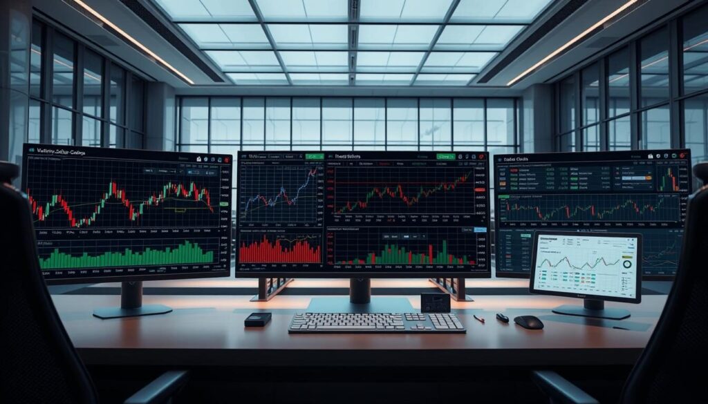 Detailed rendering of a dynamic financial trading dashboard, featuring a sleek and intuitive user interface. In the foreground, a series of candlestick charts and line graphs illustrate real-time stock and options data, with customizable indicators and overlays. In the middle ground, an array of advanced order entry tools, including options chain, volatility heatmap, and risk management controls. The background showcases a panoramic view of a modern trading floor, with floor-to-ceiling windows, minimalist decor, and subtle lighting that creates a sophisticated, professional atmosphere. The overall scene conveys a sense of power, precision, and cutting-edge financial technology.