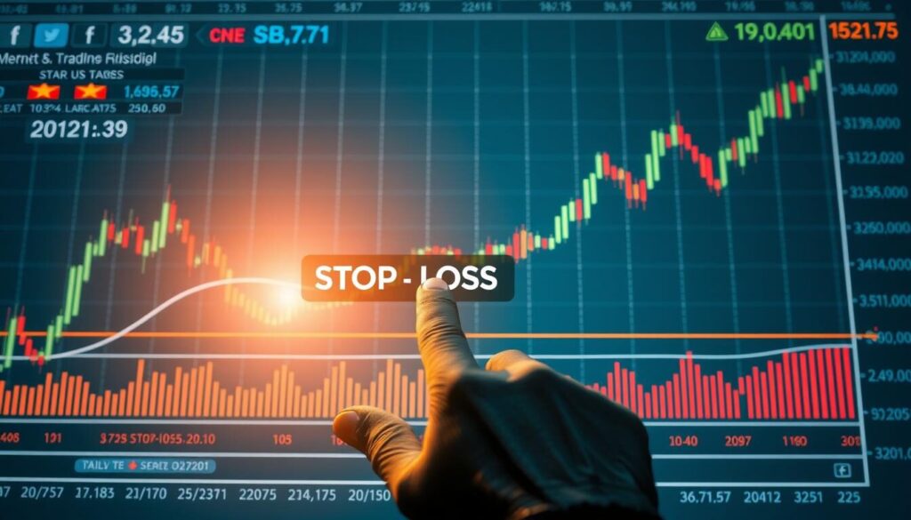 Detailed stop-loss hedging strategies diagram featuring a stock market chart with upward and downward price movements. A trader's hand placing a stop-loss order, surrounded by financial data and technical indicators. The image has a professional, analytical feel with a clean, minimalist design. Subtle lighting casts a warm glow, highlighting the key elements. The composition is balanced, guiding the viewer's eye through the different layers of information. An authoritative, educational mood evokes the topic of Forex broker risk management.