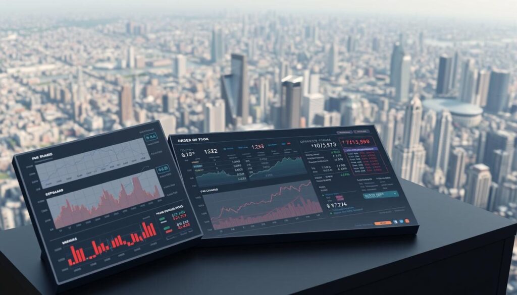 Detailed trading costs analysis, with a focus on forex broker fees. A well-lit, isometric 3D scene depicting a comprehensive financial dashboard. In the foreground, a series of interactive charts and graphs displaying brokerage commissions, spreads, swaps, and other charges. The middle ground showcases a dynamic order book with live market data. In the background, a panoramic city skyline with skyscrapers and financial district. The scene has a professional, analytical tone with subdued colors and clean, modern aesthetics.