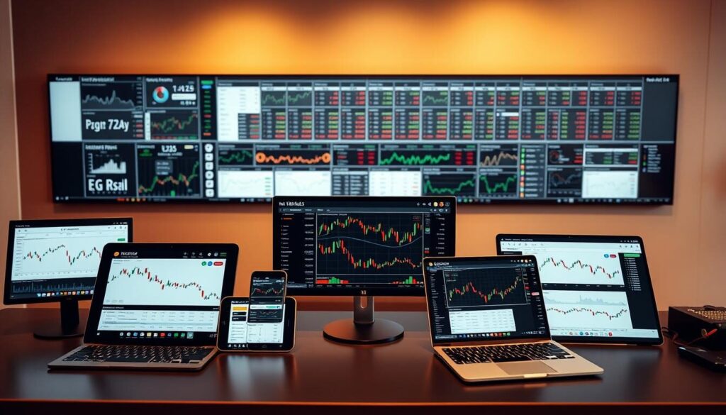 Detailed trading platform comparison on a sleek, modern desk. In the foreground, multiple mobile devices and laptops display various trading interfaces side-by-side. Middleware features precise performance charts, asset indicators, and intuitive navigation. In the background, a large panoramic display shows a comprehensive overview of the platforms, emphasizing ease of use, customization, and cross-device functionality. Warm, even lighting creates a professional, focused atmosphere. The scene conveys the ability to easily evaluate and select the best trading platform for low-capital traders.