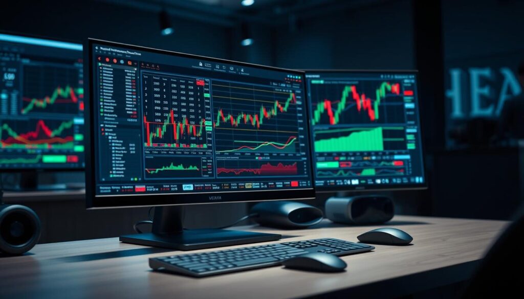 Detailed trading platform interface, with a large monitor displaying real-time financial data, charts, and trading tools. Sleek, modern desktop setup with a high-end computer, keyboard, and mouse. Ambient lighting creates a focused, professional atmosphere. Mid-angle view captures the essence of an active trading environment. Precise execution of orders through intuitive software, with meticulous attention to detail. Convey a sense of control, efficiency, and the importance of technology in the fast-paced world of forex trading.