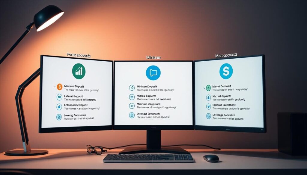 Forex account types comparison: A sleek, modern desktop with a triple-monitor setup, showcasing the different types of forex accounts - standard, mini, and micro accounts. The accounts are represented by distinct icons, each with its own unique design and color scheme. The monitors display detailed information about the features, minimum deposits, and leverage options for each account type. The scene is lit by a warm, directional light, creating a professional and informative atmosphere. The layout is clean and well-organized, allowing the viewer to easily compare and contrast the various forex account options.