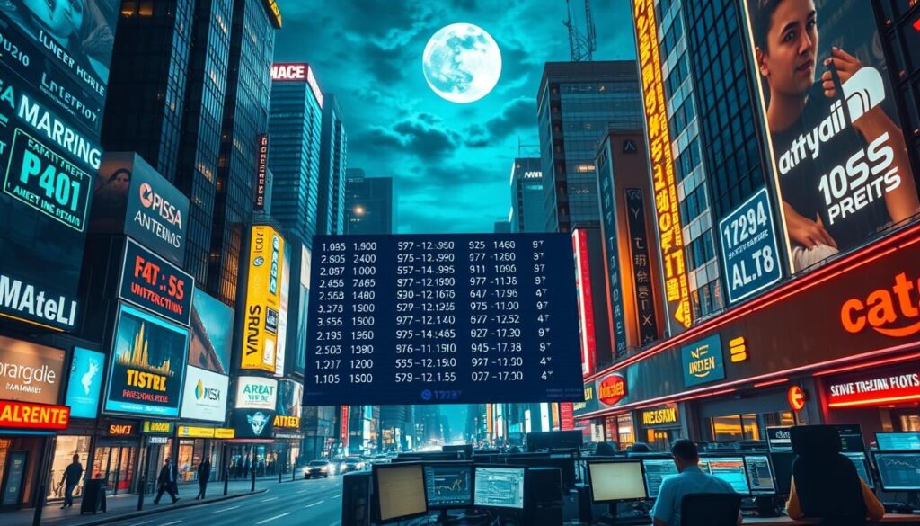 Forex trading hours: A digital cityscape with skyscrapers, neon signs, and bustling streets. The foreground features a large digital display showing trading hours and market data. In the middle ground, traders are seen working at their desks, surrounded by multiple screens and monitoring financial data. The background showcases a night sky with a full moon, creating a dynamic and energetic atmosphere. The lighting is a mix of warm and cool tones, highlighting the technological aspects of the trading environment. The overall scene conveys the global connectivity and 24/7 nature of the foreign exchange market.