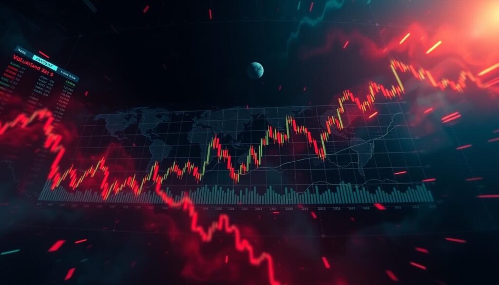 High-contrast dynamic visualization of currency exchange rate fluctuations over time, with a central focus on a graph or chart displaying volatility patterns. Detailed, realistic digital illustration captured with a wide-angle lens, featuring a dark, moody color palette with strong contrasts and dramatic lighting to convey the urgency and risk associated with navigating volatile currency markets. The composition should guide the viewer's eye towards the central chart, surrounded by secondary elements such as analytical data, market indicators, and a brooding, ominous background suggesting the inherent unpredictability of the forex trading environment.