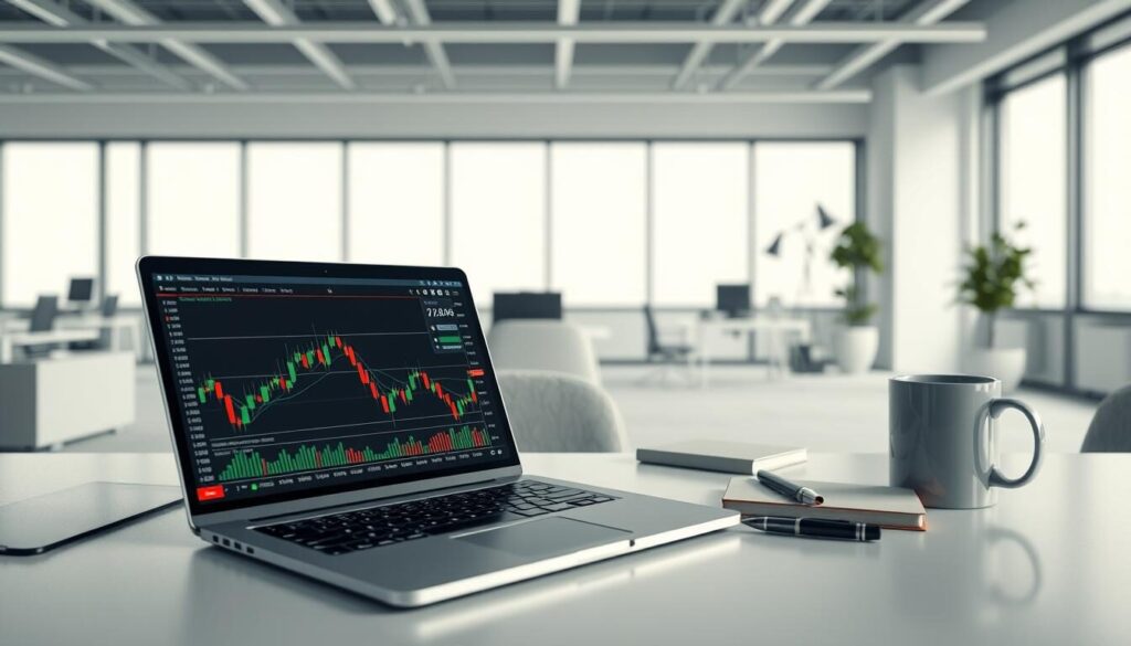 High-quality 3D render of various technical analysis tools and indicators on a clean and minimalist desktop scene. Foreground depicts a laptop with candlestick chart, trading indicators, and technical analysis tools like moving averages, Fibonacci retracements, and MACD histogram. Middle ground features a smartphone, notebook, and trader's desk accessories like a pen and coffee mug. Background showcases a modern office interior with large windows, minimalist decor, and soft, even lighting to create a professional, focused atmosphere. Render style is photorealistic with accurate textures, materials, and lighting.