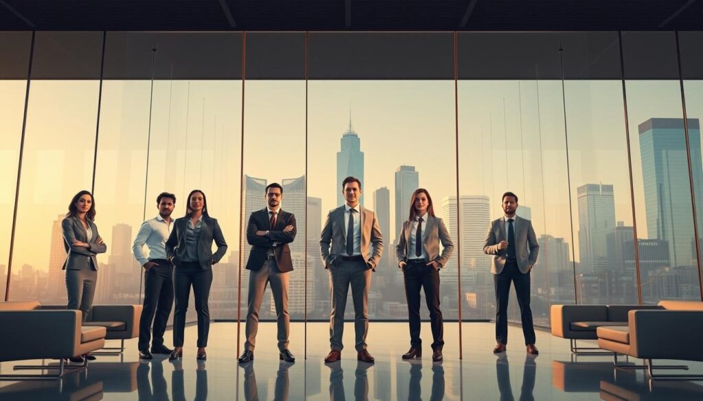 High-quality, 3D rendered image of the top forex brokers in South Africa, set against a backdrop of the Johannesburg skyline. The brokers are depicted as professional-looking, well-dressed individuals standing in a modern, glass-walled office. Soft, warm lighting illuminates the scene, creating a sense of productivity and success. The foreground features the brokers in a variety of dynamic poses, conveying their expertise and authority in the forex trading industry. The middle ground showcases the sleek, minimalist interior design of the office, with clean lines and contemporary furnishings. In the background, the iconic skyscrapers of Johannesburg's financial district rise up, symbolizing the city's status as a hub of economic activity.