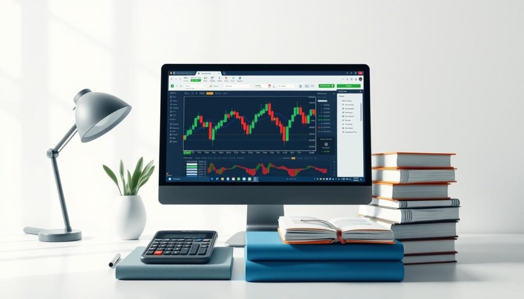 High-quality 4K digital illustration of forex education tools and resources, including a computer monitor displaying a forex trading platform, a magnifying glass, a calculator, and a stack of financial books. The scene is set against a clean, minimalist backdrop with soft, natural lighting that highlights the tools' details. The overall atmosphere conveys a sense of professionalism, education, and a focus on financial analysis and research. The arrangement of the objects creates a balanced, aesthetically pleasing composition.