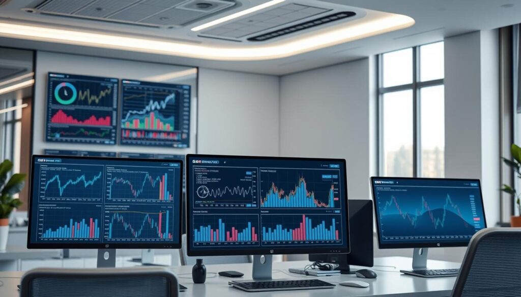 High-resolution, detailed render of advanced charting tools for financial analysis, including a variety of interactive graphs, charts, and data visualizations. The scene is set in a modern, well-lit office environment with clean, minimalist aesthetics. The tools are presented on high-resolution computer displays, with a focus on intuitive user interfaces and powerful analytics capabilities. The lighting is soft and diffused, creating a professional and sophisticated atmosphere. The angle is slightly elevated, allowing for a comprehensive view of the workspace and the advanced charting tools in use.