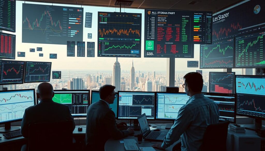 High-resolution image of a diverse array of financial instruments and trading opportunities, including stocks, bonds, currencies, commodities, and digital assets. The foreground features various trading screens, charts, and dashboards, showcasing real-time market data and analytics. The middle ground depicts traders and analysts engaged in active research and decision-making. The background presents a panoramic cityscape, hinting at the global interconnectedness of financial markets. The lighting is soft and natural, creating a sense of professionalism and sophistication. The overall scene conveys the dynamism, complexity, and potential of a wide range of asset classes available to modern investors and traders.