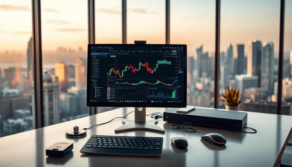 High-resolution photograph of a modern, sleek trading platform interface, showcasing a clean and intuitive user experience. The foreground features a desktop computer display with multiple windows and charts, depicting live financial data and market analytics. The middle ground includes a high-tech keyboard, mouse, and other peripheral devices, all in a minimalist, monochromatic design. The background presents a sophisticated, glass-walled office setting with panoramic city views, bathed in warm, natural lighting. The atmosphere exudes a sense of professionalism, efficiency, and technological innovation, suitable for the "Detailed Reviews of Top Forex Brokers" section.