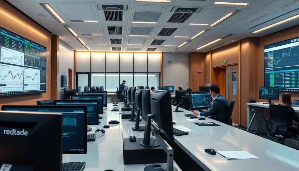 Highly detailed, photorealistic image of a regulated trading platform, with a professional, trustworthy atmosphere. The foreground shows a sleek, modern trading desk with multiple computer screens displaying financial data and charts. The middle ground features professional traders and brokers at work, using advanced trading software. The background showcases a sophisticated, high-tech office environment with clean lines, neutral tones, and advanced security measures like biometric access controls. The lighting is warm and natural, creating a sense of reliability and stability. Use a wide-angle lens to capture the full scope of the trading platform, with a focus on conveying a sense of order, regulation, and security.