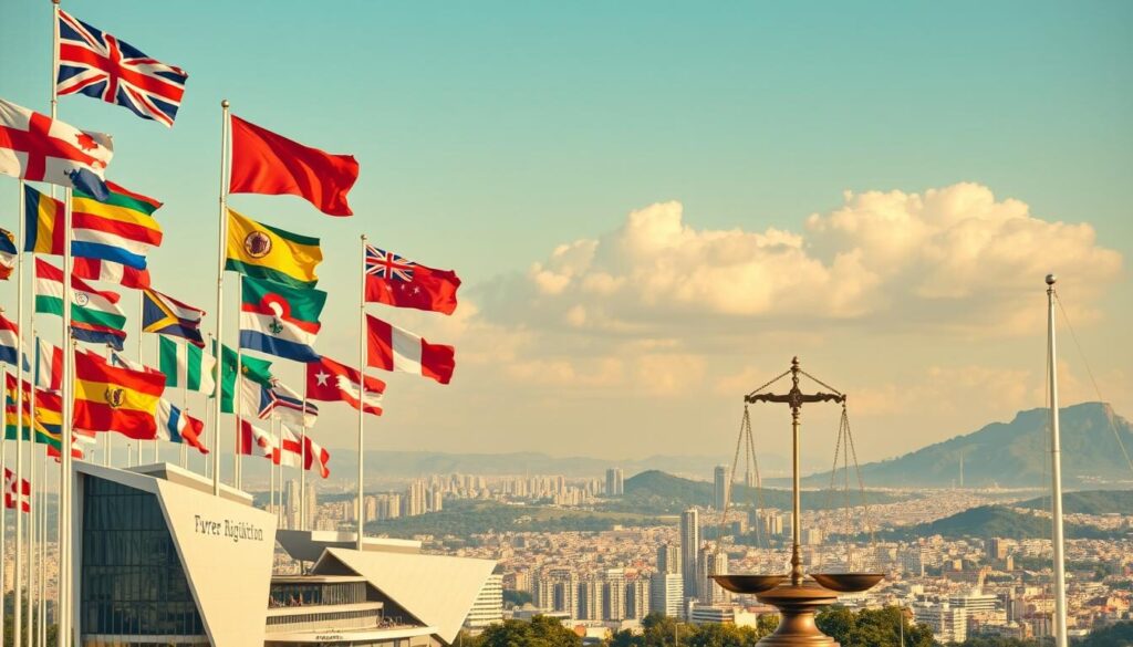 Jurisdiction comparison: A panoramic view of diverse national flags billowing in the breeze, representing the global landscape of financial regulation. In the foreground, a cluster of office buildings with angular, modern architecture, symbolizing the sophisticated infrastructure of international financial hubs. The middle ground features a series of scales, weighing the pros and cons of various jurisdictions, while the background is a tapestry of varied landscapes, from bustling cityscapes to serene natural settings, conveying the wide range of regulatory environments. The scene is bathed in warm, golden light, creating a sense of prestige and authority, inviting the viewer to carefully consider the intricacies of choosing the right jurisdiction for a successful forex business.