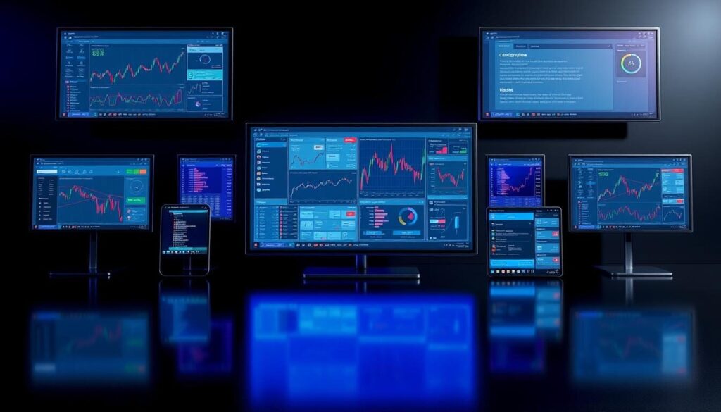 Metaverse-inspired trading platforms, each with distinct interfaces and features, displayed in a sleek and modern composition. A central high-resolution comparison showcases the distinctive dashboards, charts, and tools of leading MT4 and MT5 platforms, bathed in cool blue and purple hues. Surrounding the main display, smaller windows highlight customization options, mobile compatibility, and advanced order types. The entire scene is captured through a wide-angle lens, conveying a sense of depth and emphasizing the comprehensive nature of the comparison. Subtle reflections on a matte black background lend an air of sophistication, making this an informative yet visually compelling illustration for the article.