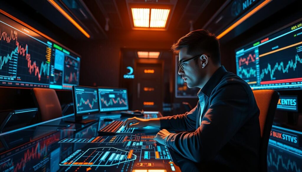 Professional forex trader at an ultramodern trading desk, surrounded by transparent displays showing live market data, analytics dashboards, and complex trading algorithms. Glowing lines and graphs projected onto the desk surface, casting a warm, futuristic glow. Dramatic lighting from above, creating deep shadows and highlights on the trader's face as they intently study the screens. The overall atmosphere is one of intense focus, technological sophistication, and the pursuit of profitable trading strategies.