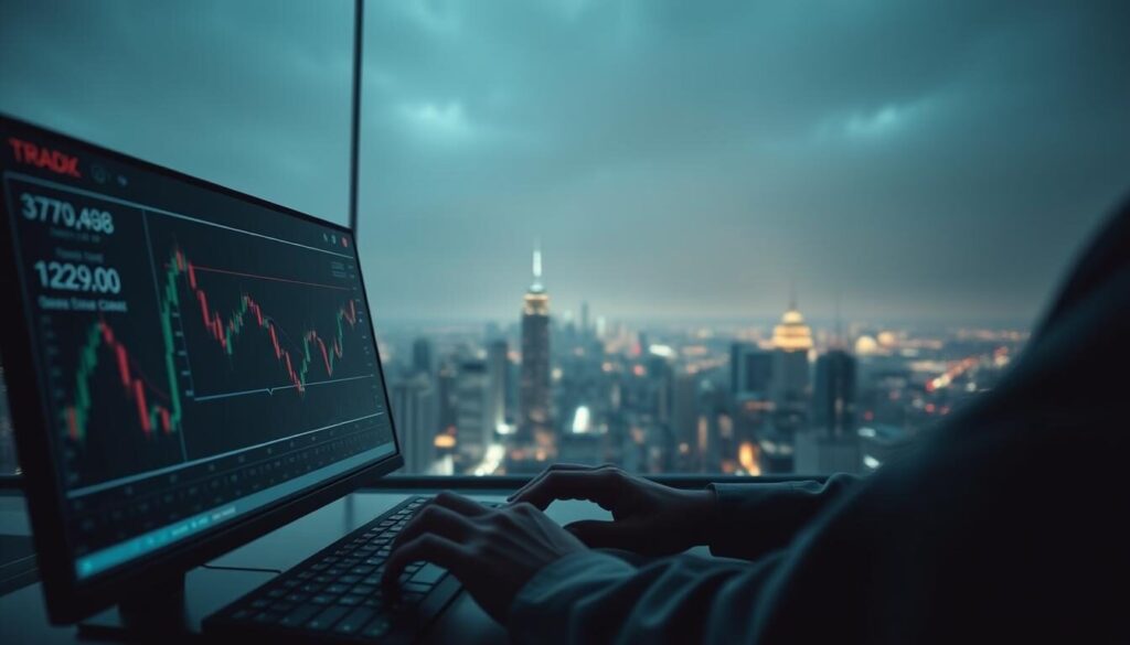 Prompt A crisp, atmospheric scene of forex trading user experiences, captured through a cinematic lens. In the foreground, a trader intently studying charts and data on a high-resolution display, fingers tapping the keyboard with focus. The middle ground features a sleek, minimalist trading platform interface, its clean design and intuitive layout inviting seamless user interaction. In the background, a panoramic cityscape unfolds, the distant skyscrapers and glowing lights conveying a sense of the global financial landscape. Soft, directional lighting casts dramatic shadows, adding depth and drama to the composition. The overall mood is one of determination, technological sophistication, and the thrill of financial markets.