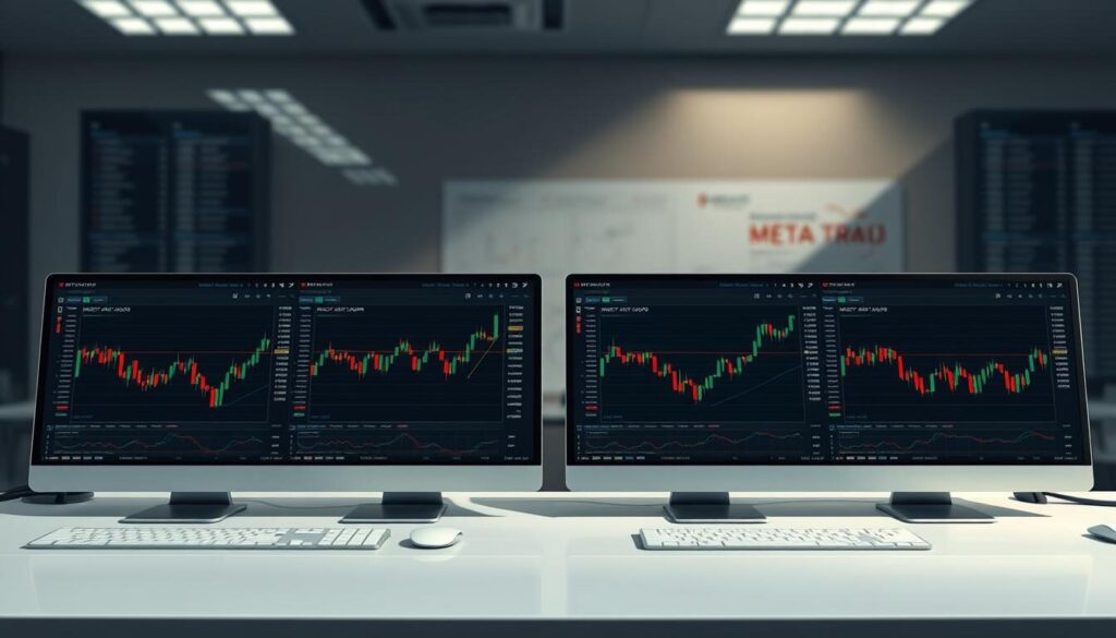 Prompt A detailed, realistic illustration of four MetaTrader trading platforms side-by-side, showcased against a backdrop of a professional trading desk. The platforms should be depicted in a clean, minimalist style, with a focus on their interfaces, features, and overall user experience. The lighting should be soft and natural, creating a sense of depth and dimension. The camera angle should be slightly elevated, providing an overhead view to highlight the comparative layout and functionality of the platforms. The overall mood should be one of professionalism, efficiency, and the power of technology in the world of online trading.