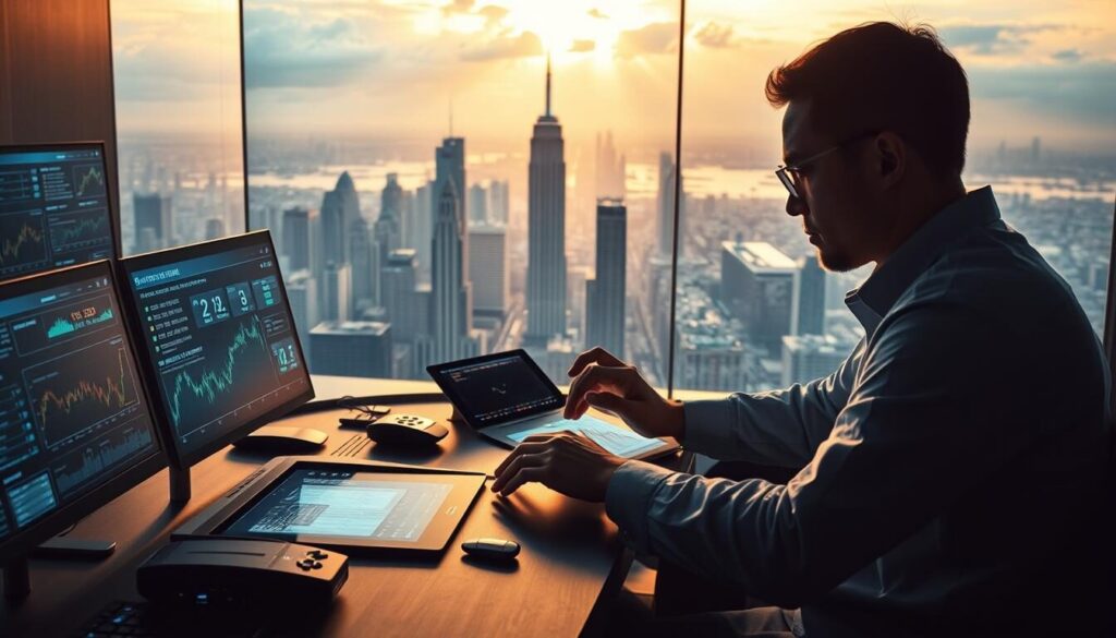 Prompt A futuristic trading desk, its surface adorned with cutting-edge holographic displays, sleek touchscreens, and advanced analytics tools. In the foreground, a researcher intently studies complex algorithms and real-time market data, their hands deftly manipulating virtual trading interfaces. The middle ground showcases a panoramic view of a bustling financial center, its skyscrapers piercing the sky, while the background is bathed in a warm, golden glow, suggesting a sense of innovation and prosperity. The lighting is crisp and directional, casting dramatic shadows that accentuate the technological prowess on display. The overall atmosphere evokes a sense of cutting-edge innovation, tactical precision, and the boundless potential of modern trading technologies.