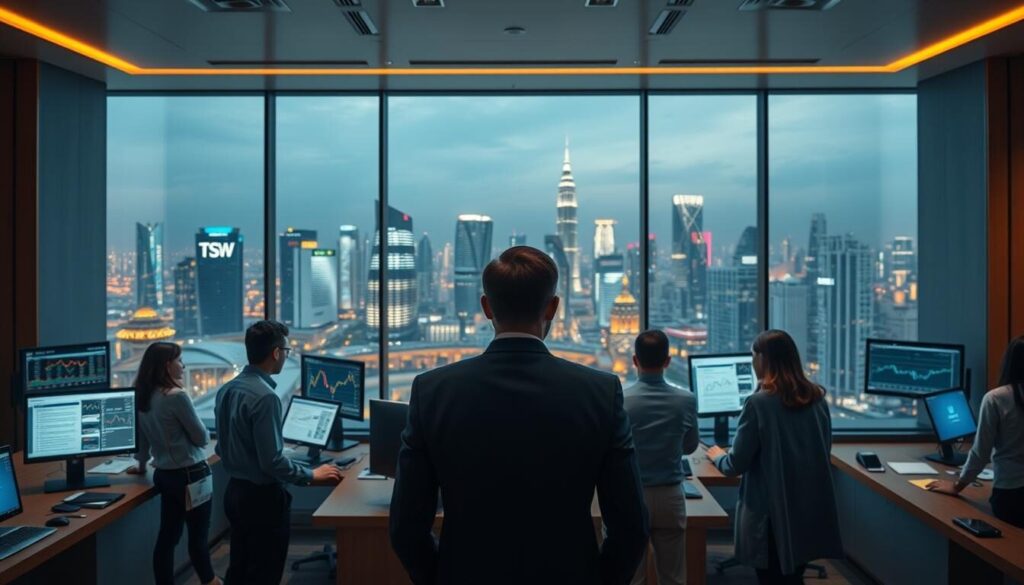 Prompt A meticulously rendered scene of MAS-regulated forex brokers showcasing their offerings. The foreground depicts a group of professional traders and financial analysts in a sleek, modern office setting, surrounded by displays of market data and trading platforms. The middle ground features a panoramic view of the Singapore skyline through floor-to-ceiling windows, conveying a sense of authority and global reach. The background is subtly illuminated, with warm, muted lighting that creates a sophisticated, business-oriented atmosphere. The overall composition exudes an air of trustworthiness, stability, and regulatory compliance, befitting the image's role in an article about the top forex brokers in Singapore.