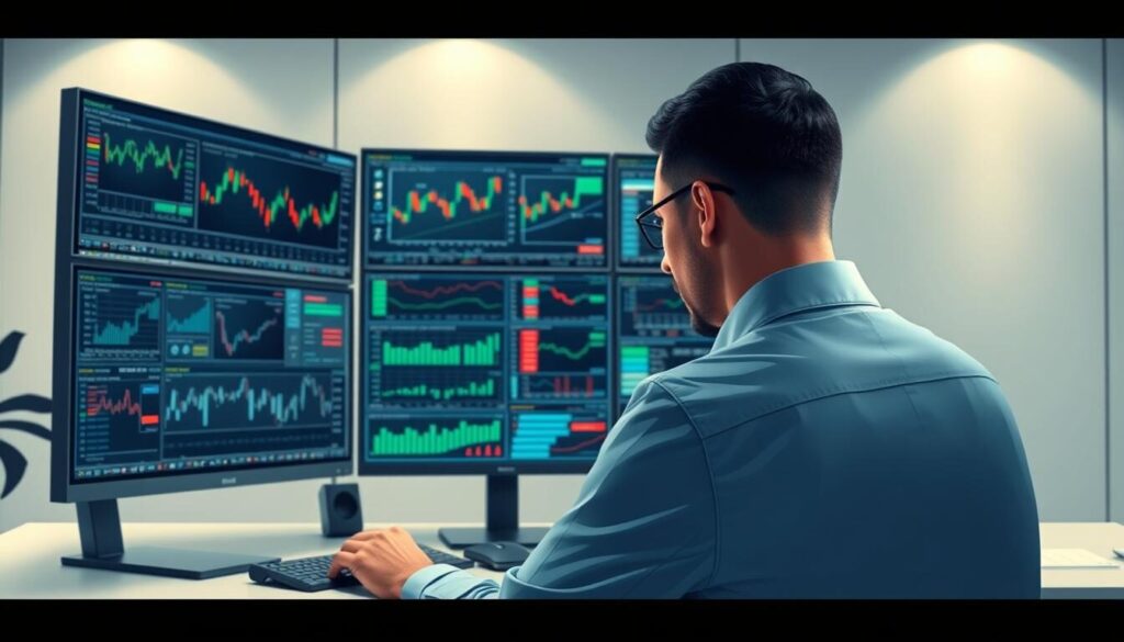 Prompt A sophisticated trading platform analysis, captured in a realistic digital illustration. In the foreground, a financial expert meticulously examines various charts and graphs displayed on high-resolution monitors. The middle ground features an array of trading tools and interfaces, conveying the complexity and attention to detail required for effective platform evaluation. The background showcases a minimalist, modern office setting with clean lines and a neutral color palette, creating a sense of professionalism and focus. Soft, directional lighting illuminates the scene, emphasizing the importance of the task at hand. The overall composition and attention to detail accurately reflect the diligence and expertise needed to assess trading platforms comprehensively.