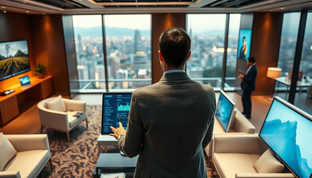 Prompt An elegant office space showcasing the latest fintech innovations, with a team of attentive brokers providing personalized services to Brazilian clients. Warm lighting casts a welcoming glow, accentuating the sleek, modern furniture and displays highlighting the diverse investment options. In the foreground, a broker guides a client through a touchscreen dashboard, tailoring the experience to their unique financial goals. The middle ground features a panoramic view of the bustling São Paulo skyline, while the background subtly hints at the cultural and economic vibrancy of Brazil's financial landscape.