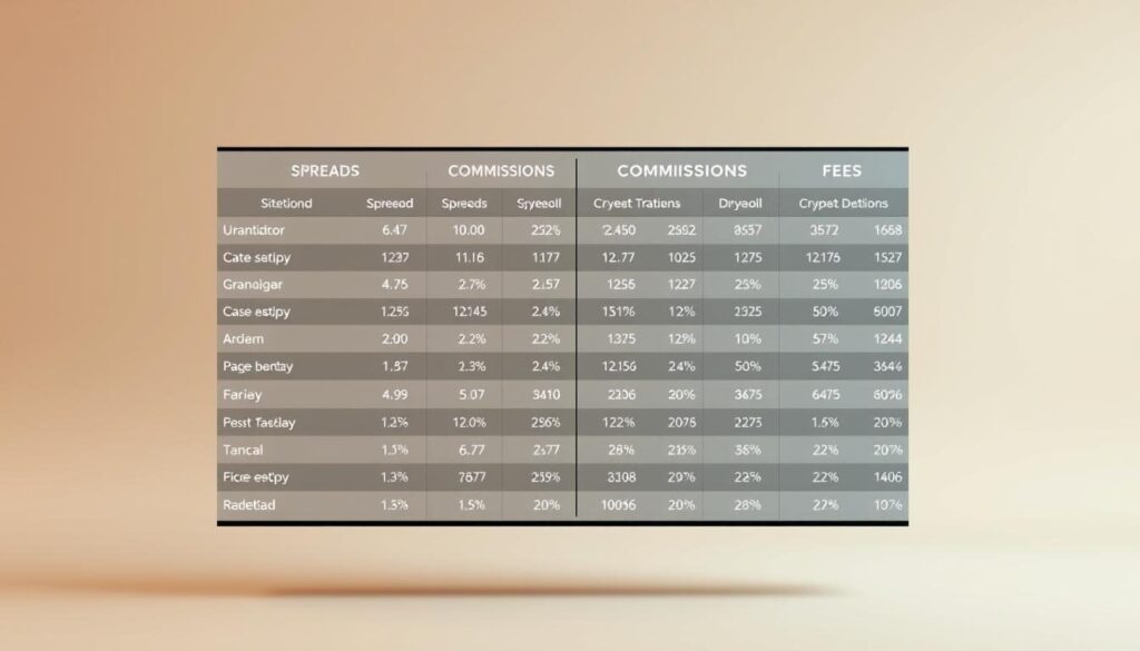 Realistic, highly detailed chart showcasing a side-by-side comparison of spreads, commissions, and fees across leading forex brokers that accept cryptocurrency deposits. Crisp, clean lines and a professional, data-driven layout. Precise numerical data presented in a clear, organized manner. Warm, neutral color palette with subtle metallic accents. Floating in a softly lit, photographic studio environment, captured with a high-resolution camera lens. Conveys a sense of authority, trust, and transparency in financial services.