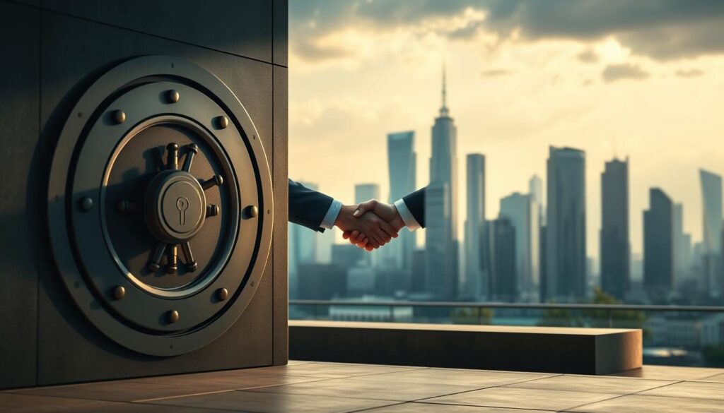 Regulated forex trading protection, a secure and compliant financial landscape. In the foreground, a sturdy vault door symbolizes the safeguards in place, casting a subtle shadow over the scene. In the middle ground, a pair of hands shaking to seal a trusted partnership, highlighting the importance of regulated brokers. The background features a cityscape with skyscrapers, conveying the global reach and professional nature of the regulated forex industry. Soft, warm lighting illuminates the scene, evoking a sense of stability and reliability. Shot with a wide-angle lens to capture the breadth of the concept, this image aims to instill confidence in the advantages of trading with regulated forex brokers.