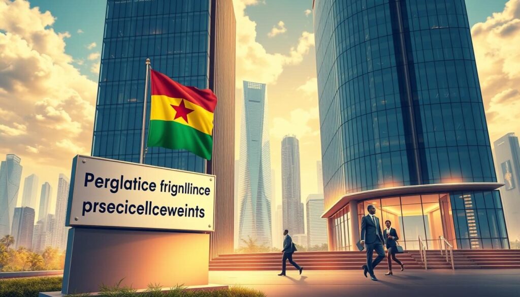 Regulatory compliance Ghana: A detailed architectural illustration showcasing a modern high-rise office building with sleek glass facades and clean lines. In the foreground, a signboard prominently displays the Ghanaian national flag, signifying the building's role in upholding local financial regulations. The middle ground features professionals in business attire entering and exiting the premises, conveying a sense of professional activity. The background is a cityscape of skyscrapers, reflecting Ghana's growing economic prowess. The scene is illuminated by warm, directional lighting, creating a sense of authority and stability. The overall atmosphere evokes a mood of robust financial oversight and secure investment environment.