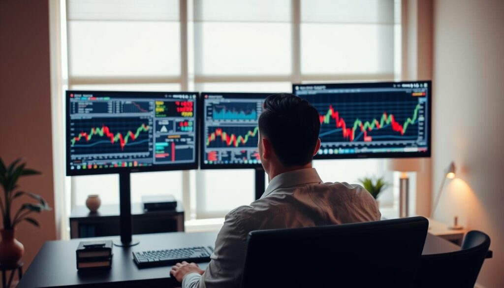 Selecting investment broker, a focused individual examining various stock charts and financial data on dual computer monitors, positioned in a well-lit, modern office setting with minimalist design. Warm, natural lighting casts subtle shadows, conveying a sense of thoughtful analysis. The broker, dressed in professional attire, appears deep in concentration, making a considered decision on the optimal investment strategy for their client. Sleek, contemporary furniture and decor create an atmosphere of expertise and trustworthiness, reflecting the gravity of the task at hand.