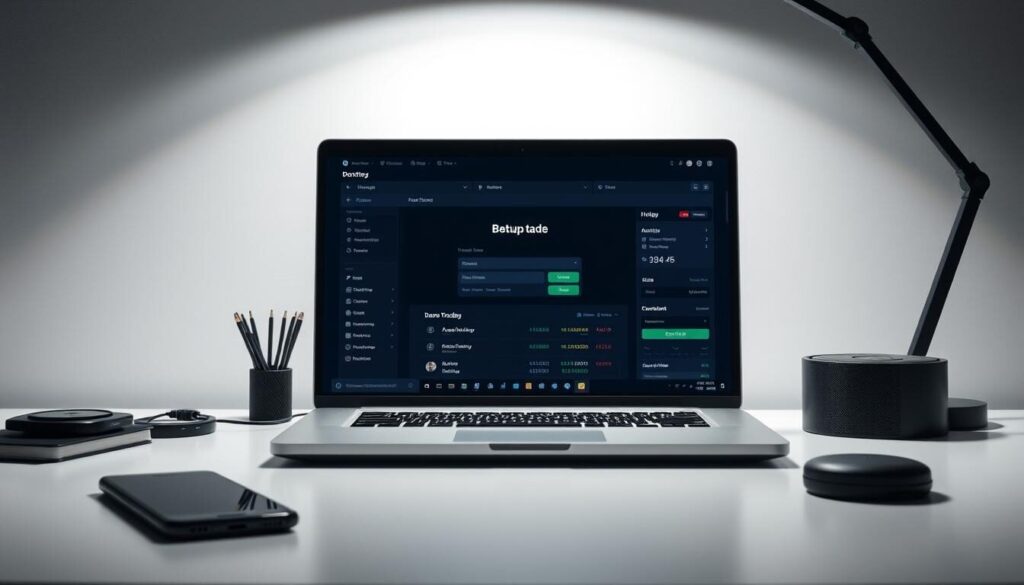 Sleek and modern trading environment featuring a laptop, smartphone, and accessories on a minimalist desk. The laptop screen displays a demo trading account setup interface, with clean UI elements and intuitive dashboard. Precise lighting from above casts a subtle glow, creating a professional, focused atmosphere. The scene is captured from a slightly elevated angle, giving a sense of control and mastery over the trading tools. The overall mood is one of efficiency, organization, and the promise of a seamless trading experience for a beginner investor.