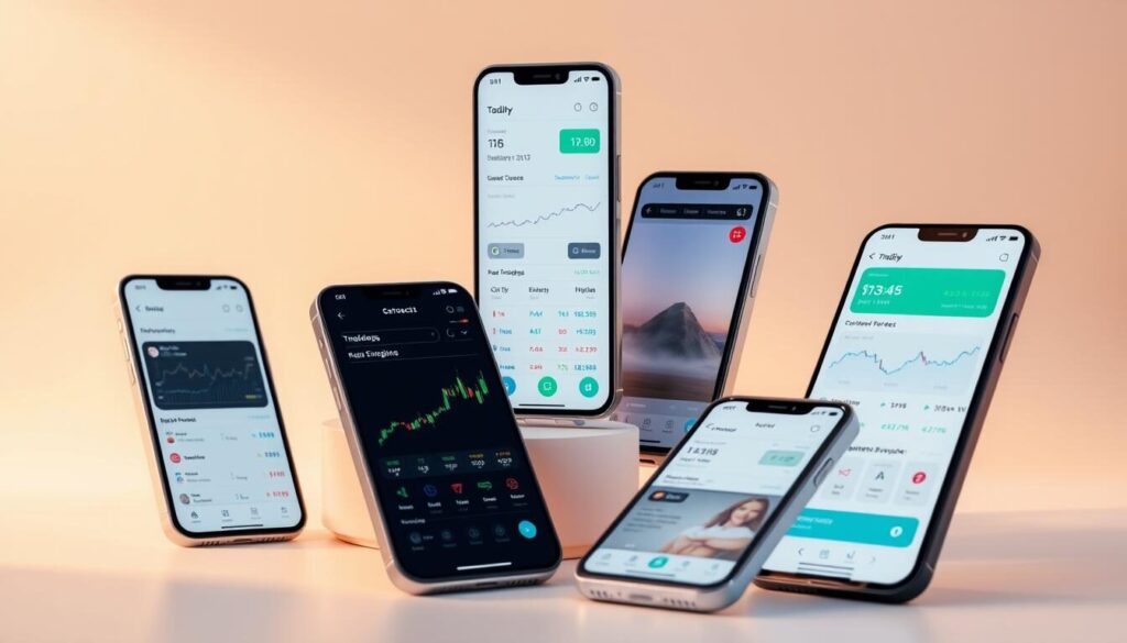 Sleek and modern trading platform mobile apps displayed on a variety of smartphone screens, showcasing clean and intuitive user interfaces with customizable dashboards, real-time market data, and seamless transaction features. The apps are set against a minimalist background with soft, warm lighting, creating a sense of efficiency and professionalism. The overall composition emphasizes the versatility and accessibility of these trading tools, catering to the needs of both seasoned and novice investors in the dynamic financial landscape.
