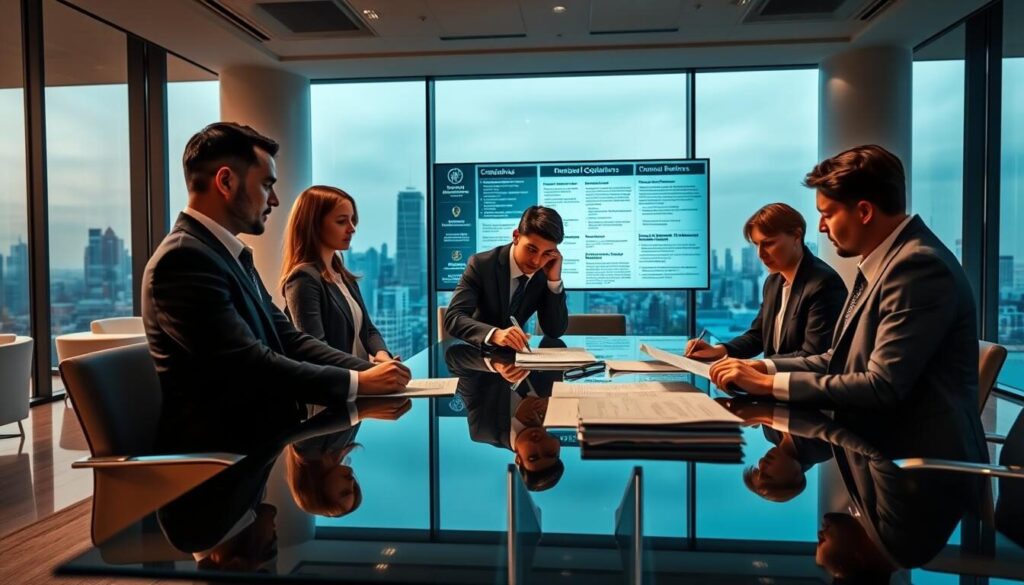 Sleek corporate office interior with large windows, modern furniture, and clean lines. In the foreground, a team of professionals review compliance documents on a glass conference table, expressions focused and serious. The middle ground features a wall display showcasing financial regulations and guidelines, backlit for emphasis. The background has an expansive city skyline, reflecting the global nature of the financial industry. The lighting is warm and professional, with a sense of order and authority pervading the scene. This image conveys the rigorous oversight and meticulous attention to detail required in broker regulation compliance.