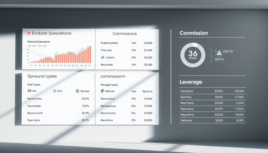 Spread analysis and commission details presented in a clean, minimalist style. A grid layout showcases key metrics such as average spreads, commissions, leverage, and account types against a neutral background. Soft lighting casts subtle shadows, creating depth and a sense of professionalism. Geometric shapes and lines subtly guide the viewer's eye, emphasizing the structured nature of the financial data. The overall mood is one of analytical clarity, helping the viewer quickly grasp the essential information.