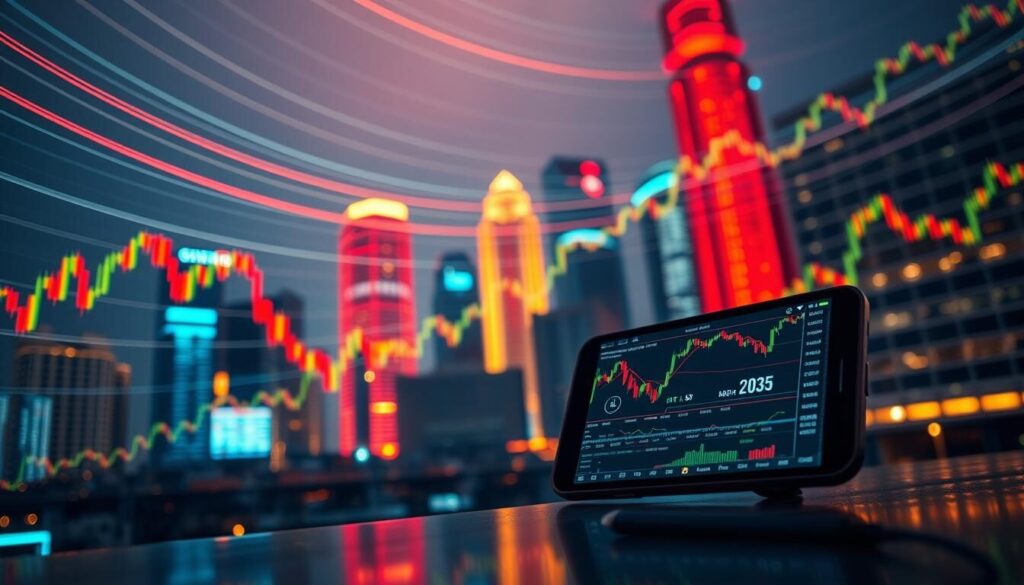 Sweeping lines of candlestick charts and stock graphs filling the frame, conveying the dynamic and ever-changing nature of the forex market. In the foreground, a mobile device displaying live trading data and analytical tools against a backdrop of vibrant neon-lit skyscrapers, reflecting the fast-paced, technology-driven world of modern finance. Soft, warm lighting illuminates the scene, creating a sense of energy and urgency. The overall composition suggests the rapid growth and evolving trends shaping the forex landscape in Uganda, poised for the year 2025.
