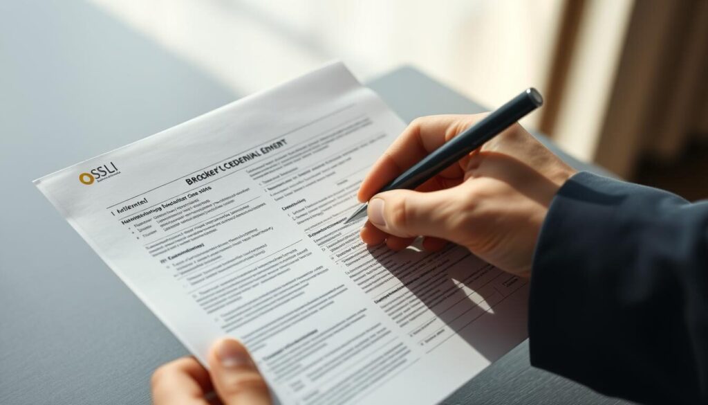 Verifying broker credentials: a detailed financial document being meticulously checked under natural lighting. Precise lines and numbers fill the pages, conveying the seriousness of the process. A professional hand carefully inspects each detail, seeking to ensure the broker's legitimacy. The background is a muted, minimalist office setting, allowing the important paperwork to take center stage. The mood is one of diligence and caution, mirroring the need to thoroughly vet a broker's credentials before entrusting them with one's financial future.