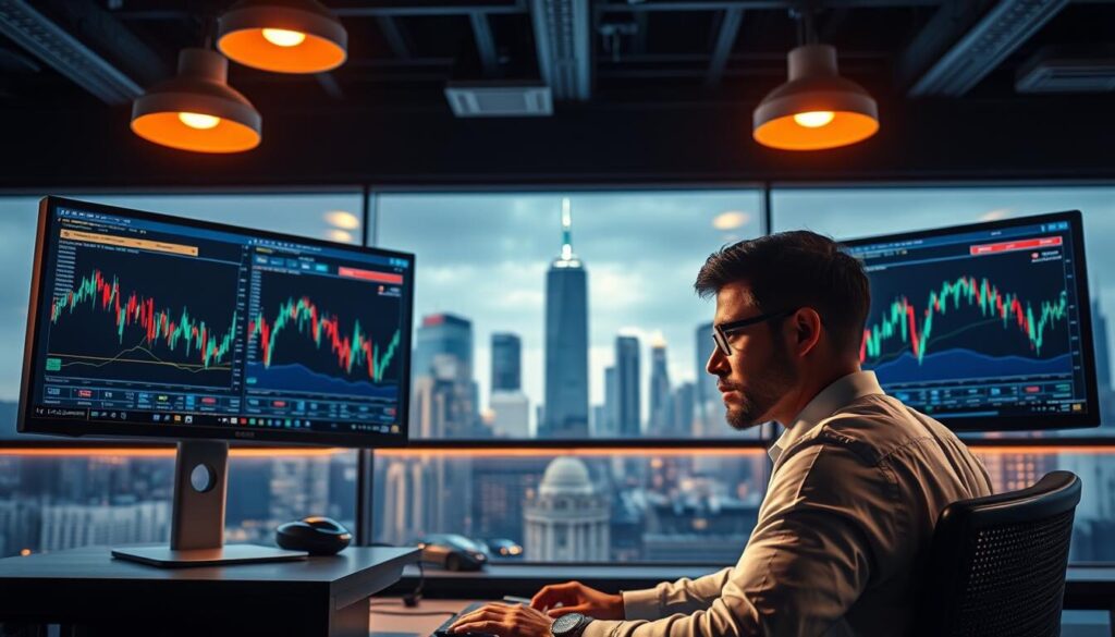 Vibrant forex trading desk with a direct market access setup. The foreground features a modern dual-monitor workstation, sleek and minimalist in design, with advanced trading software and real-time market data displays. The middle ground showcases a professional trader intently monitoring the live forex charts, the expression on their face conveying focus and determination. In the background, a cityscape with towering skyscrapers symbolizes the global financial markets, creating a sense of scale and connectivity. Warm lighting from overhead fixtures casts a professional glow, while a cool color palette evokes the dynamic nature of the forex industry. The overall scene conveys the efficiency, control, and cutting-edge technology associated with direct market access forex trading.