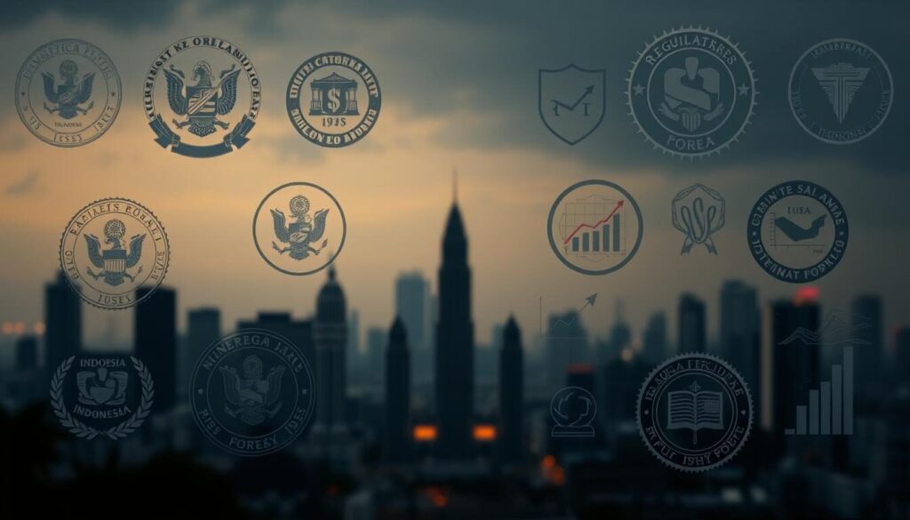 a detailed 3D rendering of the regulatory framework for the forex trading industry in Indonesia, shot in a cinematic, dramatic style with moody lighting and depth of field effects. The foreground shows official government seals, stamps, and insignia representing the key regulatory bodies and laws that govern forex activities. The middle ground depicts various financial symbols, charts, and graphs illustrating the scope and scale of the Indonesian forex market. The background features a hazy, silhouetted cityscape skyline of Jakarta, the nation's financial center. The overall tone conveys a sense of stability, transparency, and the importance of compliance within the rapidly evolving Indonesian forex trading landscape.