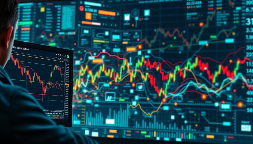 a detailed high-resolution digital painting depicting the trading conditions of liquidity and volatility in financial markets, with a focus on the forex and indices sectors. In the foreground, a trader's computer screen displays real-time trading data and charts, conveying the intense focus and rapid decision-making required. In the middle ground, a network of financial data streams, charts, and figures swirls and pulses, reflecting the dynamic and ever-changing nature of the markets. In the background, an abstract visualization of market trends, with lines, shapes, and colors that ebb and flow, symbolizing the volatility and unpredictability that traders must navigate. The overall mood is one of dynamism, complexity, and the thrill of trading in fast-paced, high-stakes environments.