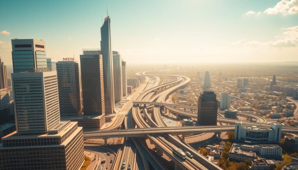 a detailed, photorealistic illustration of regulatory expansion prospects in the financial services industry, featuring a complex, futuristic cityscape with towering skyscrapers, advanced transportation systems, and a bustling financial district. The scene is bathed in a warm, golden glow, creating a sense of progress and innovation. In the foreground, sleek, modern office buildings with clean lines and glass facades represent the growth and evolution of the financial regulatory landscape. The middle ground showcases a network of interconnected roads, elevated train lines, and autonomous vehicles, symbolizing the technological advancements enabling the expansion of financial regulations. In the background, a sprawling urban panorama with smaller residential and commercial buildings hints at the far-reaching impact of regulatory changes on the broader economic landscape. The overall composition conveys a sense of dynamism, optimism, and the transformative potential of the future of financial regulation.
